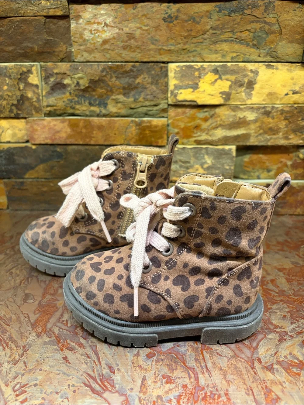 Leopard Print Kids Lace-Up Boots in Brown, Twin Girl